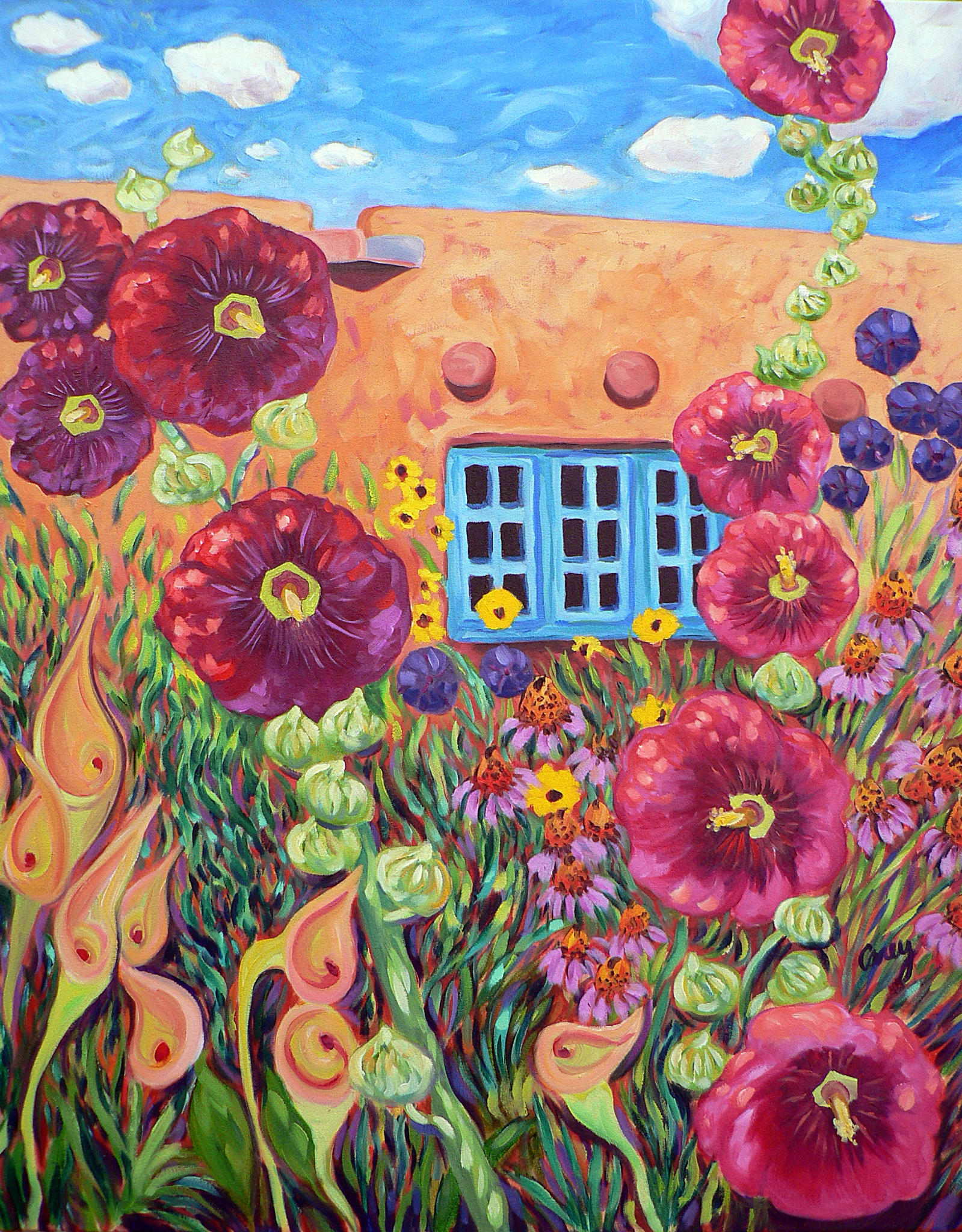 Stairway of Hollyhocks by Cathy Carey